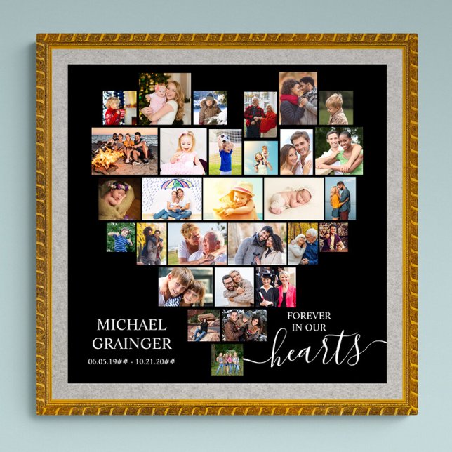 Hjärtformat fotokollage minnes- och begravningsaff poster (Funeral memorial poster to order professionally printed or as a printable digital download)