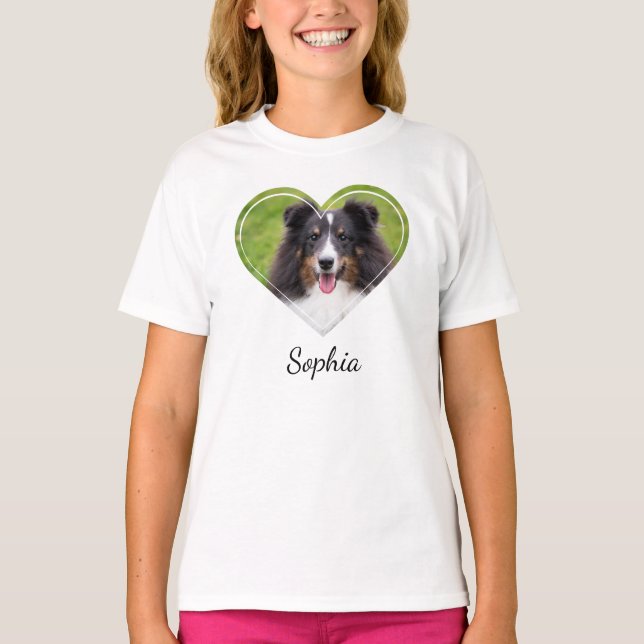 Hjärtformat husdjursfototemplate med anpassad text t shirt (Framsida)