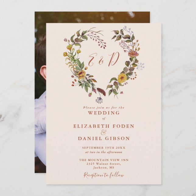 Hjärtfoto Bröllop från Blommigten Rustit Autumn Fa Inbjudningar (Fram/baksida)