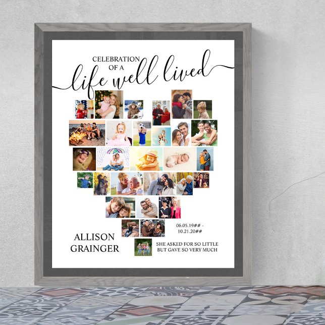 Hjärtfoto Collage Life well Lived Anpassningsbar F Poster (Funeral memorial poster to order professionally printed or as a printable digital download)