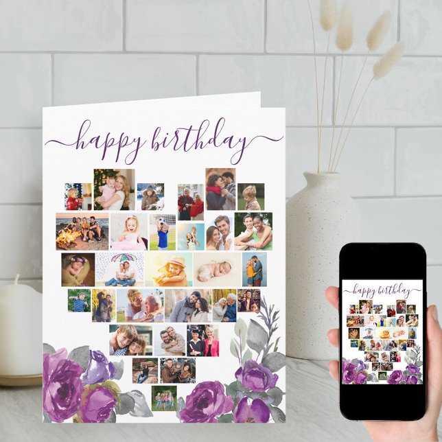 Hjärtfoto Collage Lila Blommigt Birthday Card Kort (Skapare uppladdad)