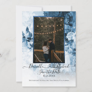 Hjärtfoto för elegant Navy Blue White Blommigt Spara Datumet