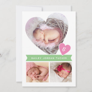 Hjärtfoto kollage Rosa Grönt Flicka födelse Meddelande