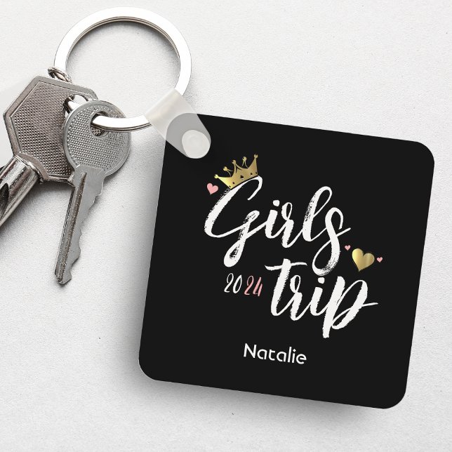 Hjärtfotomacering vid Rosa av flickornas Resa Guld Nyckelring (Girls Trip Gold Crown Pink Heart Photo Vacation Keychain
)
