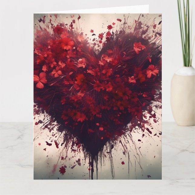 Hjärtfyllnad med sprängda röda blommor kort (Framsida)