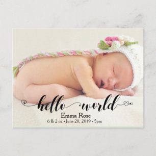 Hjärthandskriven Hej World Birth Notice Vykort