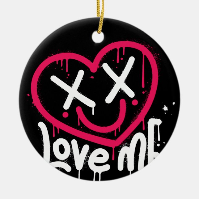 hjärtkaraktär med död ögon och leende besprutad julgransprydnad keramik (Framsidan)