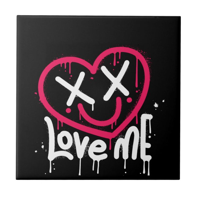 hjärtkaraktär med död ögon och leende besprutad kakelplatta (Framsidan)