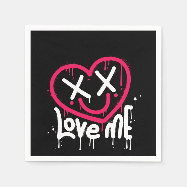 hjärtkaraktär med död ögon och leende besprutad pappersservett (Framsidan)