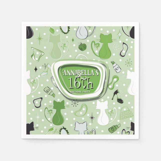 Hjärtkattungar på Mid Centres Grönt Birthday Pappersservett (Framsidan)