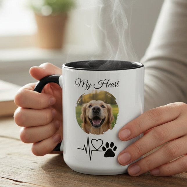 Hjärtklappande tassavtryck husdjurskärlek grafisk mugg (Heartbeat paw print pet lover mug — thoughtful holiday gift idea for the dog mom in your life)