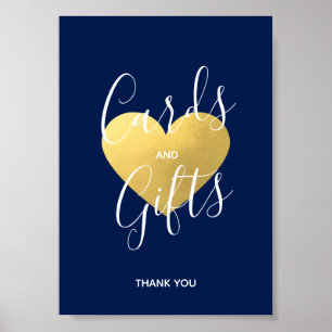 Hjärtkort för bröllop, blått Guld och GIFTS Poster