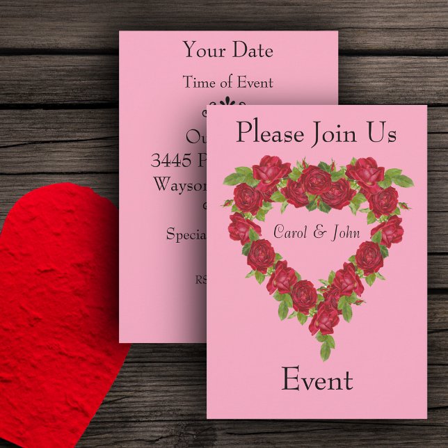 Hjärtkrans röda rosor inbjudningar (Romantic heart shaped wreath of red roses on pink party invitations weddings, showers, anniversaries)