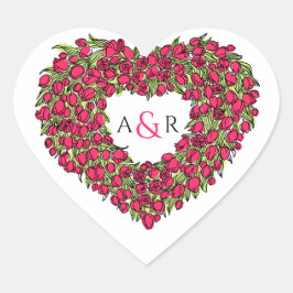 Hjärtkransröda tuliper monogram bröllop hjärtformat klistermärke