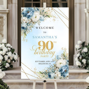 Hjärtlig Boho dammig blå guld 90-års välkomsthälsn Poster