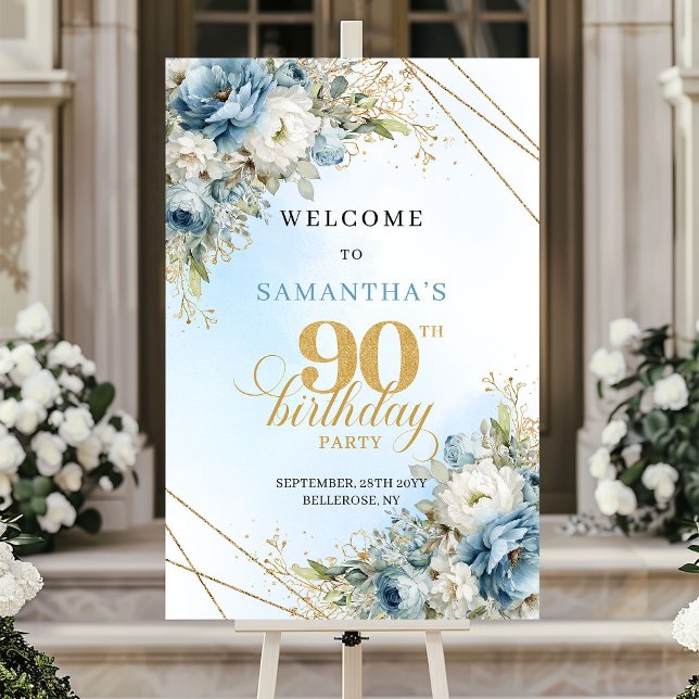 Hjärtlig Boho dammig blå guld 90-års välkomsthälsn Poster (Delightful Boho dusty blue gold 90th birthday welcome)