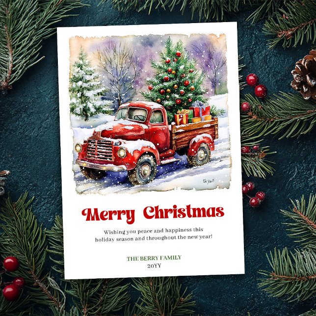 Hjärtlig Rustik Röd Lastbil Vinterscen Högtid  Julkort (Delightful Rustic Red Truck Winter Scene Holiday Card)