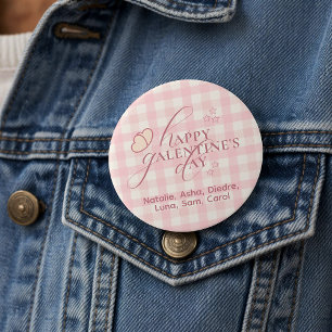 Hjärtlig Söt Rosa Rutig Typografi Galentines Knapp