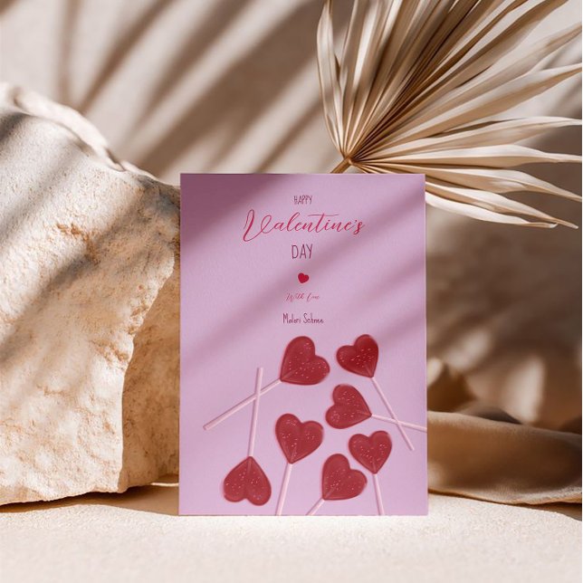 Hjärtlollipopar på rosa – Alla hjärtans dags-fest  Julkort (Skapare uppladdad)