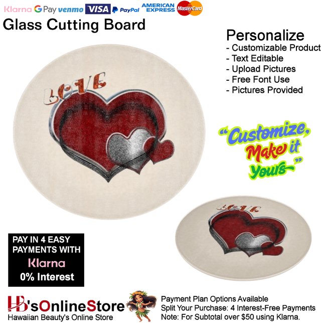 Hjärtmagisk rund beigefärgad glasskärning 30,4 cm (Love Heart Beige Cooking Kitchen Glass Cutting Board.)