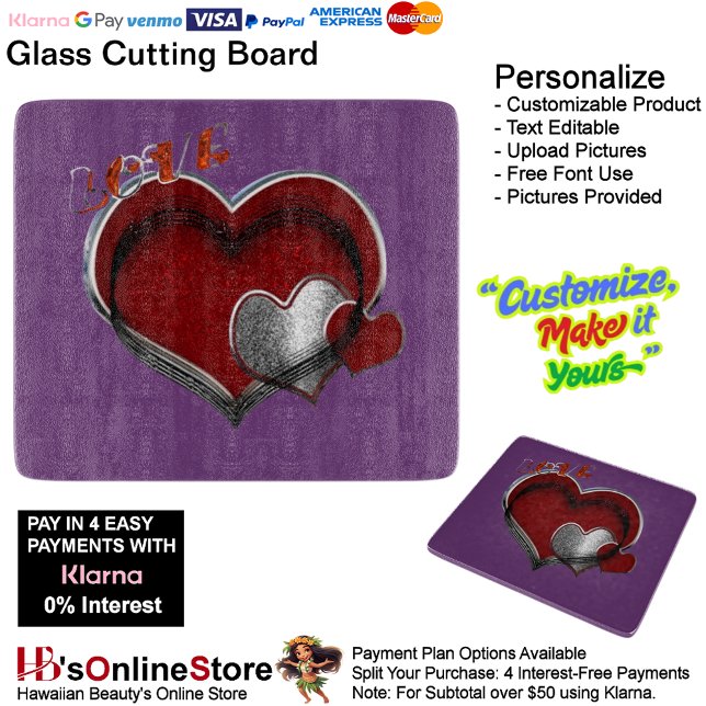 Hjärtmagiskt Lila Glasskärl 15,2 x 17,8 cm (Love Heart Purple Cooking Kitchen Glass Cutting Board.)