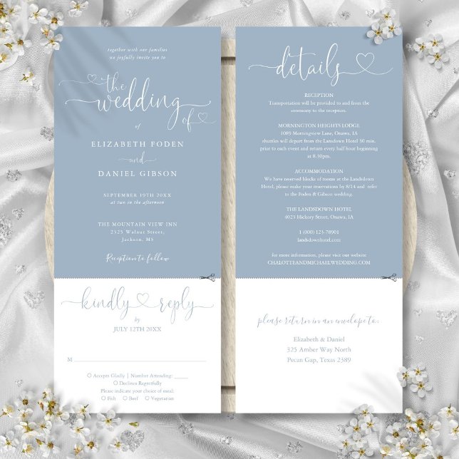 Hjärtmanus dammig blå all inclusive bröllop inbjudningar (Heart Script Dusty Blue All In One Wedding Invitation)