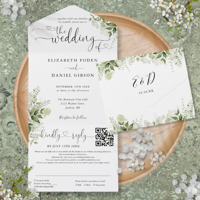 Hjärtmanus Grönska Blommig QR-kod Bröllop (Heart Script Greenery Floral QR Code Wedding All In One Invitation)