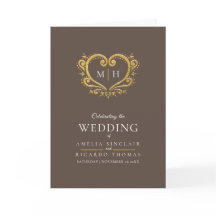 Hjärtmonogram fotobrun guld-bröllopsprogram