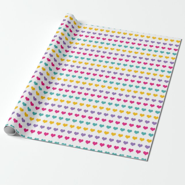 Hjärtmönster: Blå, Rosa, Gul och Lila Presentpapper (Utrullad)