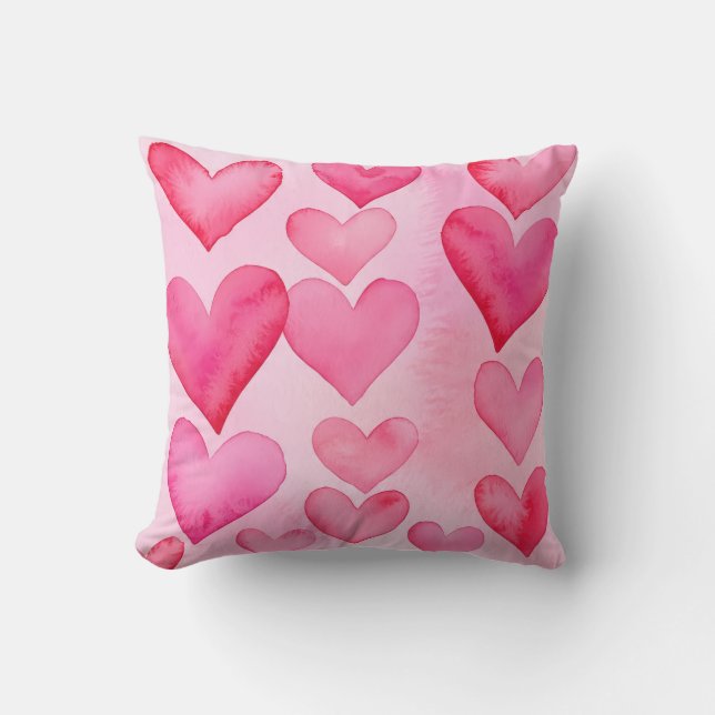 Hjärtmönster vackra rosa och röda akvarellhjärtan kudde (Framsida)