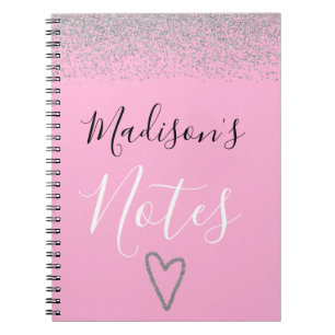 Hjärtnoter för Girly Rosa & Silver Glitter Sparkle Anteckningsbok