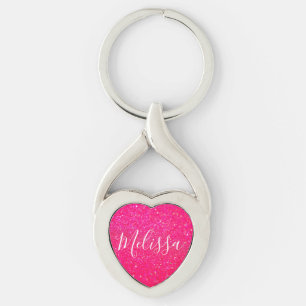 Hjärtnyckelring Glitter Personlig Namn Shock rosa Twisted Heart Silverfärgad Nyckelring