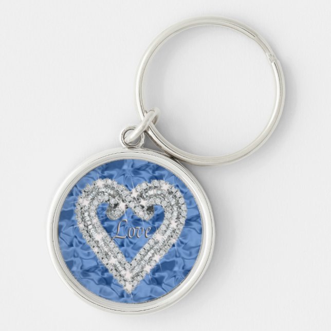 Hjärtnyckelringen Blue Round Kärlek Diamond Rund Silverfärgad Nyckelring (Framsidan)