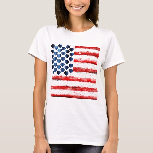 hjärtor och randar, amerikan flag.LOVE AMERIKA T Shirt (Framsida)