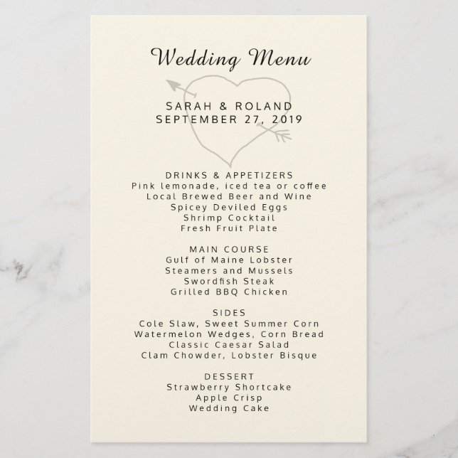 Hjärtpil Anpassningsbar Ecru Simple Bröllop Menu (Framsida)