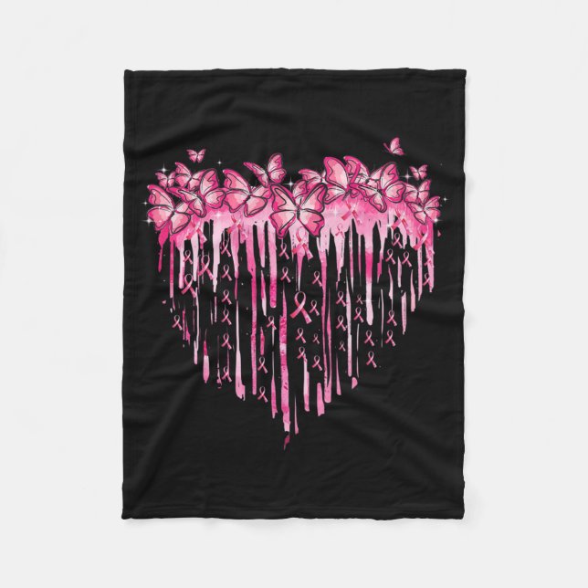 HjärtRosa Ribbon Butterflies Breast Cancer Awaren Fleecefilt (Framsidan)
