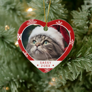 Hjärtrymmad röd snöflinga katt foto prydnad julgransprydnad keramik