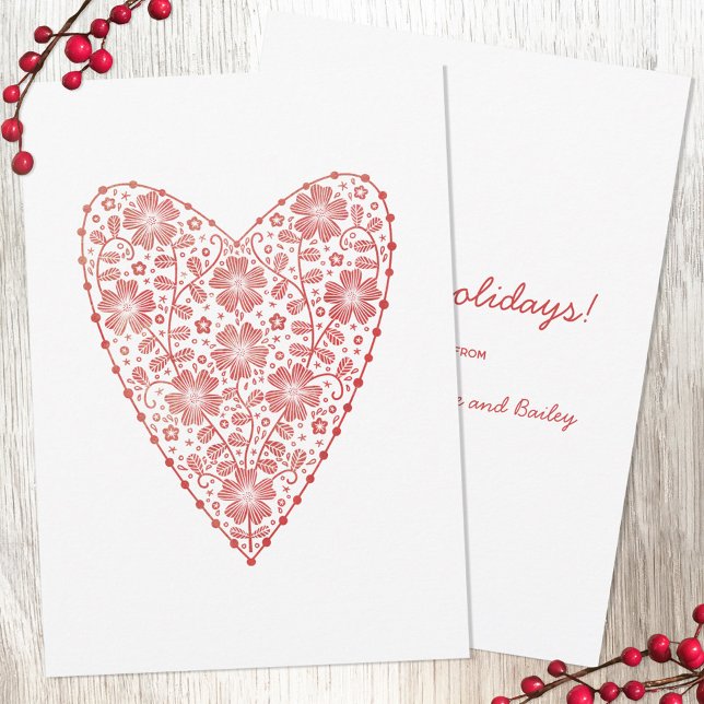 Hjärtskandinaviskt rödvitvinter Helgdag Anteckningskort (Scandinavian folk style red and white floral heart Christmas note cards with custom text and names)