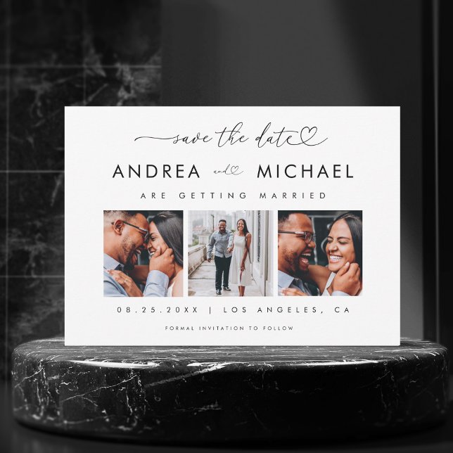 Hjärtskrift & 3 Foto Collage Romantiskt Bröllop Spara Datumet (Skapare uppladdad)