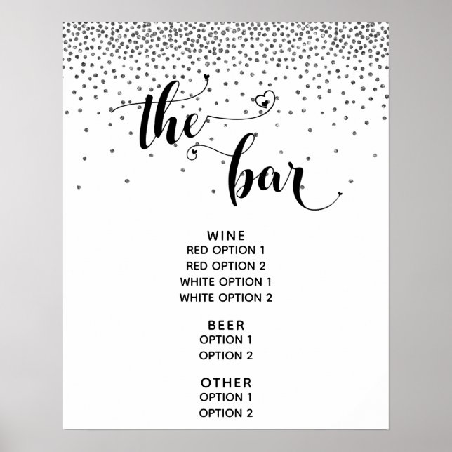 Hjärtskrift & silverkonfetti "The Bar" Menytecken Poster (Framsidan)