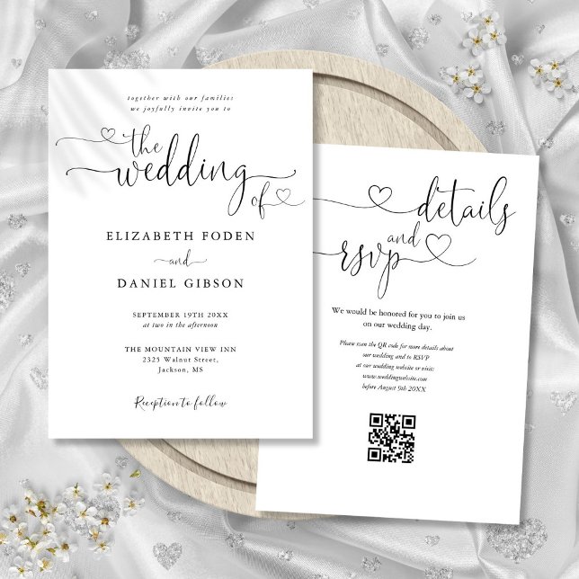Hjärtskrift Svart och Vitt QR-kod Bröllop Inbjudningar (Heart Script Black And White QR Code Wedding Invitation)