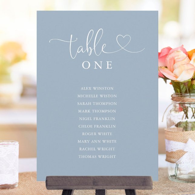 Hjärtskript Dusty Blue-Bordsnumrets sittdiagram Inbjudningar (Heart Script Dusty Blue Table Number Seating Chart)