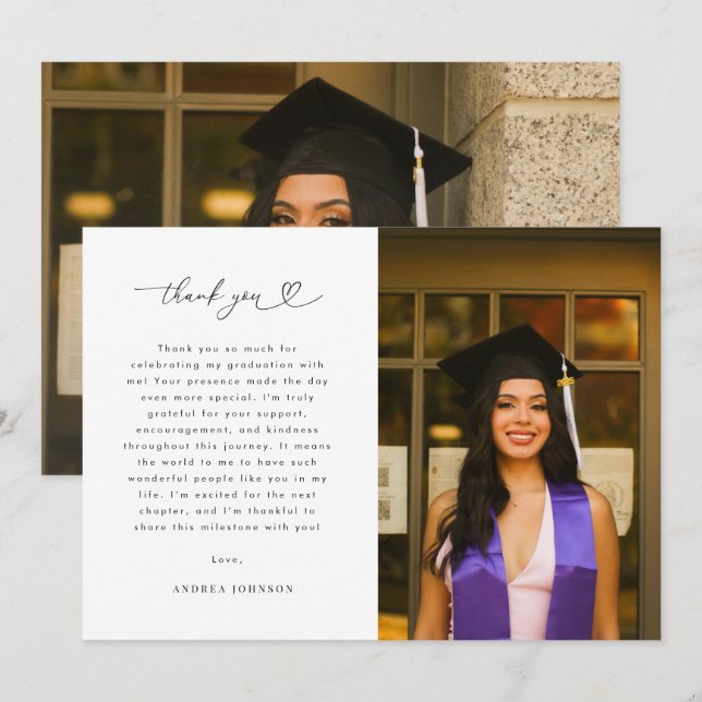 Hjärtskript - minimalistisk 2-foto-Studentfest Tack Kort (Fram/baksida)