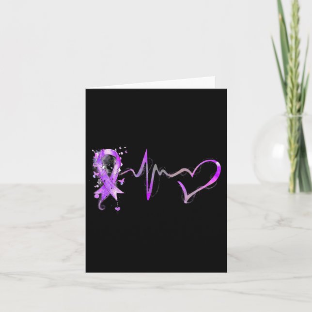 Hjärtslag Lila Ribbon Pancreatic Cancer Awarenes Kort (Framsida)