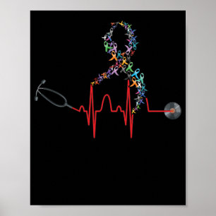 Hjärtslag på hela "Ribbon Cancer Awareness Day" Poster