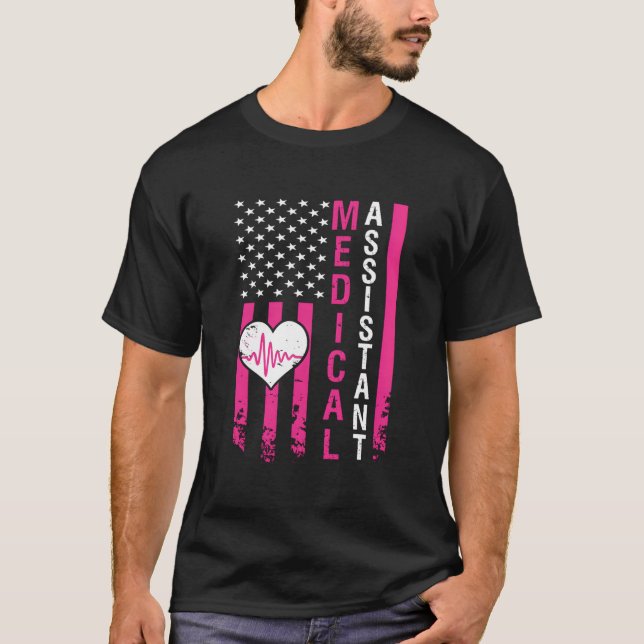 Hjärtslag Rosa American Flagga - Medicinsk analys T Shirt (Framsida)