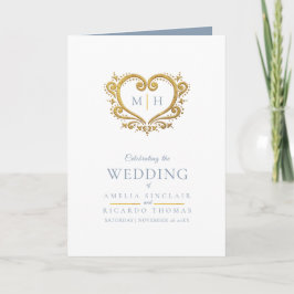 Hjärtsmonogram foto guld grått blått bröllop program