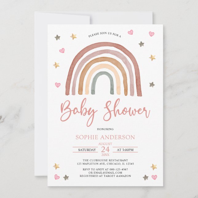 Hjärtsstjärnan MUTED Tones Boho Rainbow Baby Showe Inbjudningar (Framsida)