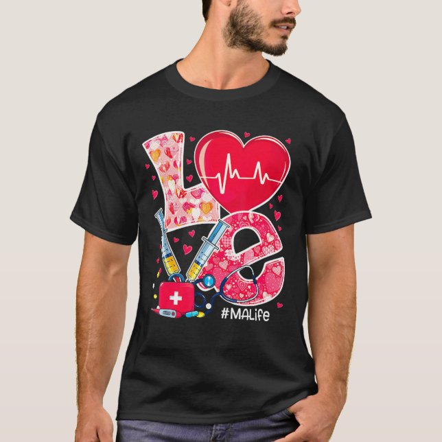 Hjärtstetoscope Kärlek Valentiness Medicinsk assis T Shirt (Framsida)