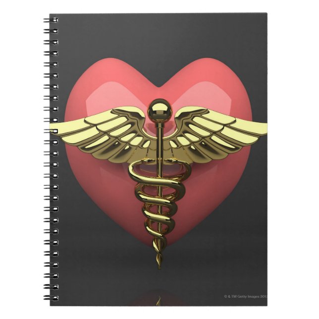 Hjärtsymbol med medicinsk symbol (caduceus) anteckningsbok med spiral (Framsidan)
